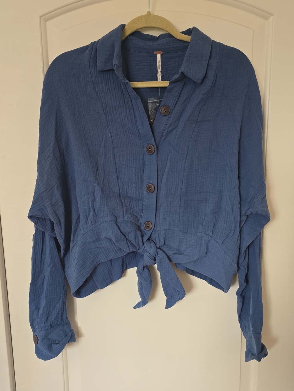 Free People Blue Button Down Tie Top